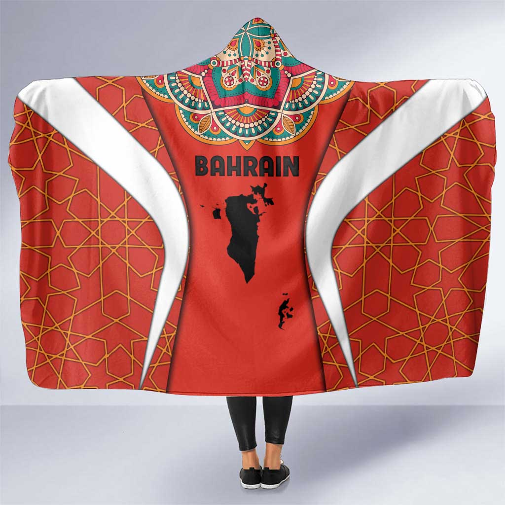 Bahrain Mandala Pattern Hooded Blanket with National Map and Arabic Geometric Design