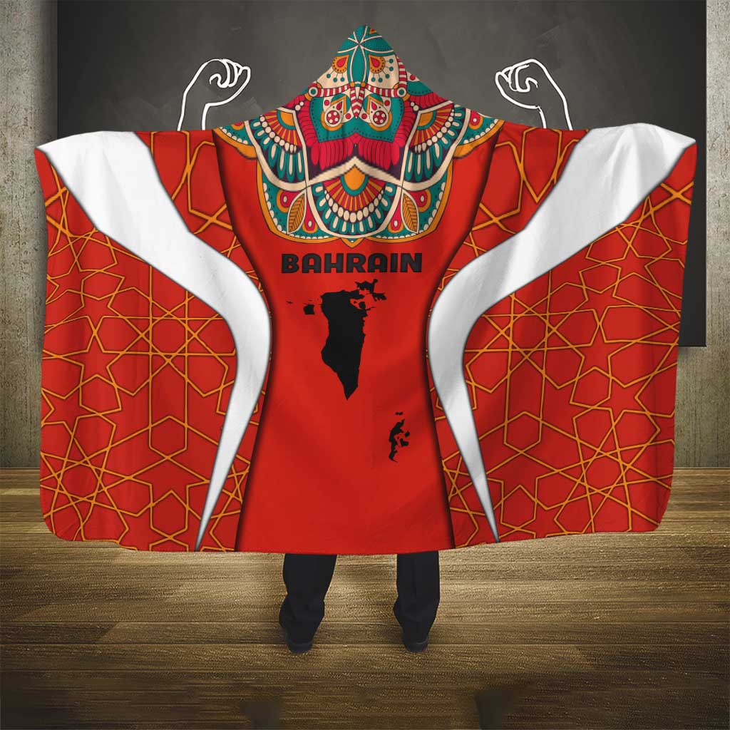 Bahrain Mandala Pattern Hooded Blanket with National Map and Arabic Geometric Design