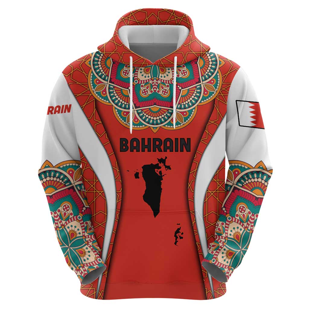 Bahrain Mandala Pattern Hoodie with National Map and Arabic Geometric Design