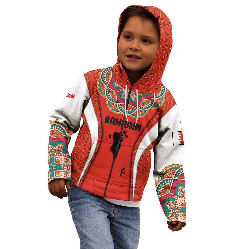 Bahrain Mandala Pattern Kid Hoodie with National Map and Arabic Geometric Design