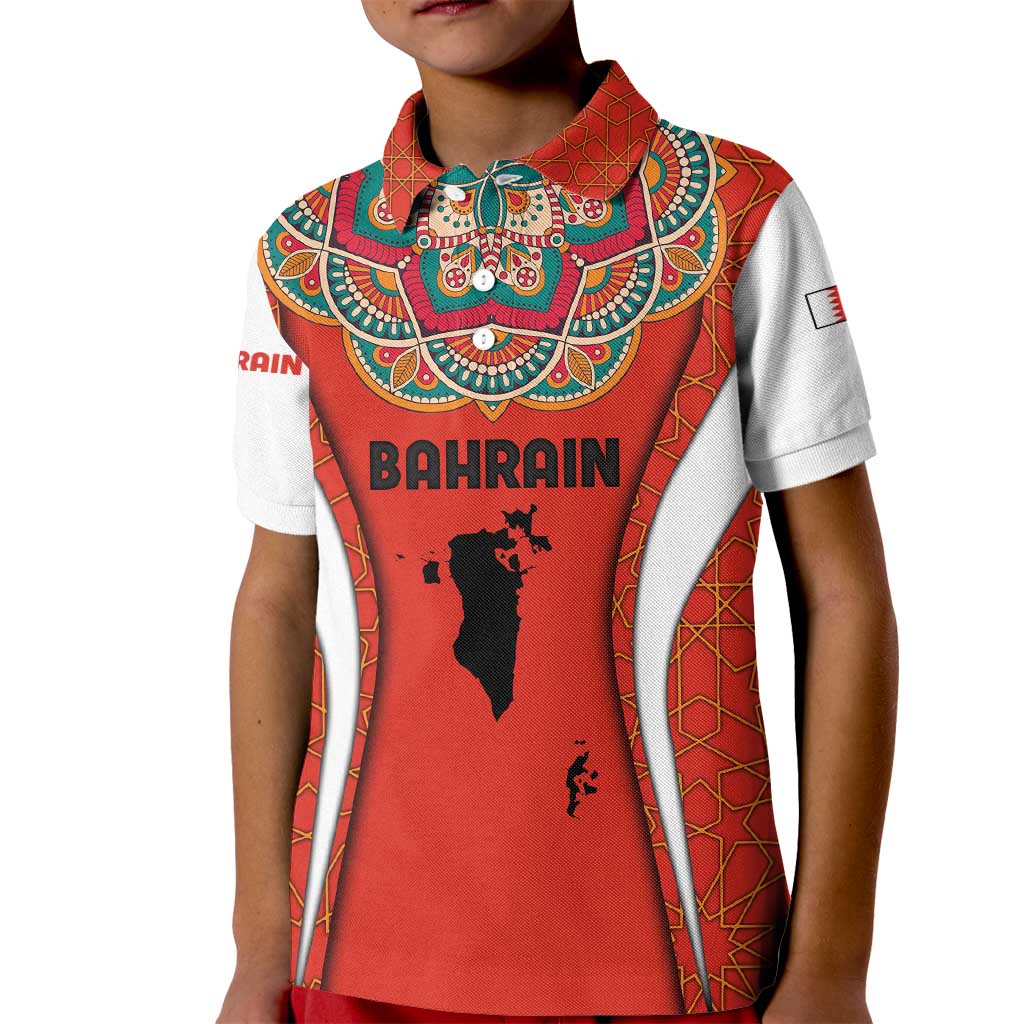 Bahrain Mandala Pattern Kid Polo Shirt with National Map and Arabic Geometric Design