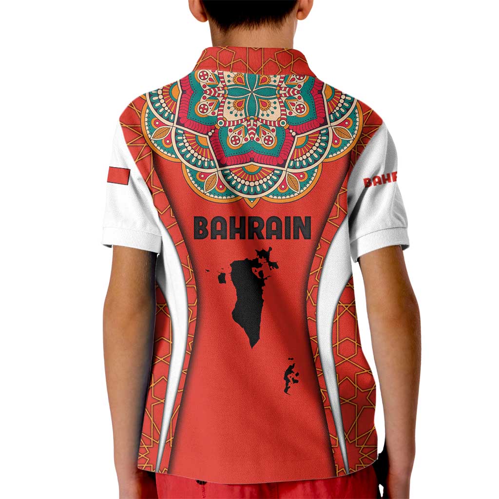 Bahrain Mandala Pattern Kid Polo Shirt with National Map and Arabic Geometric Design