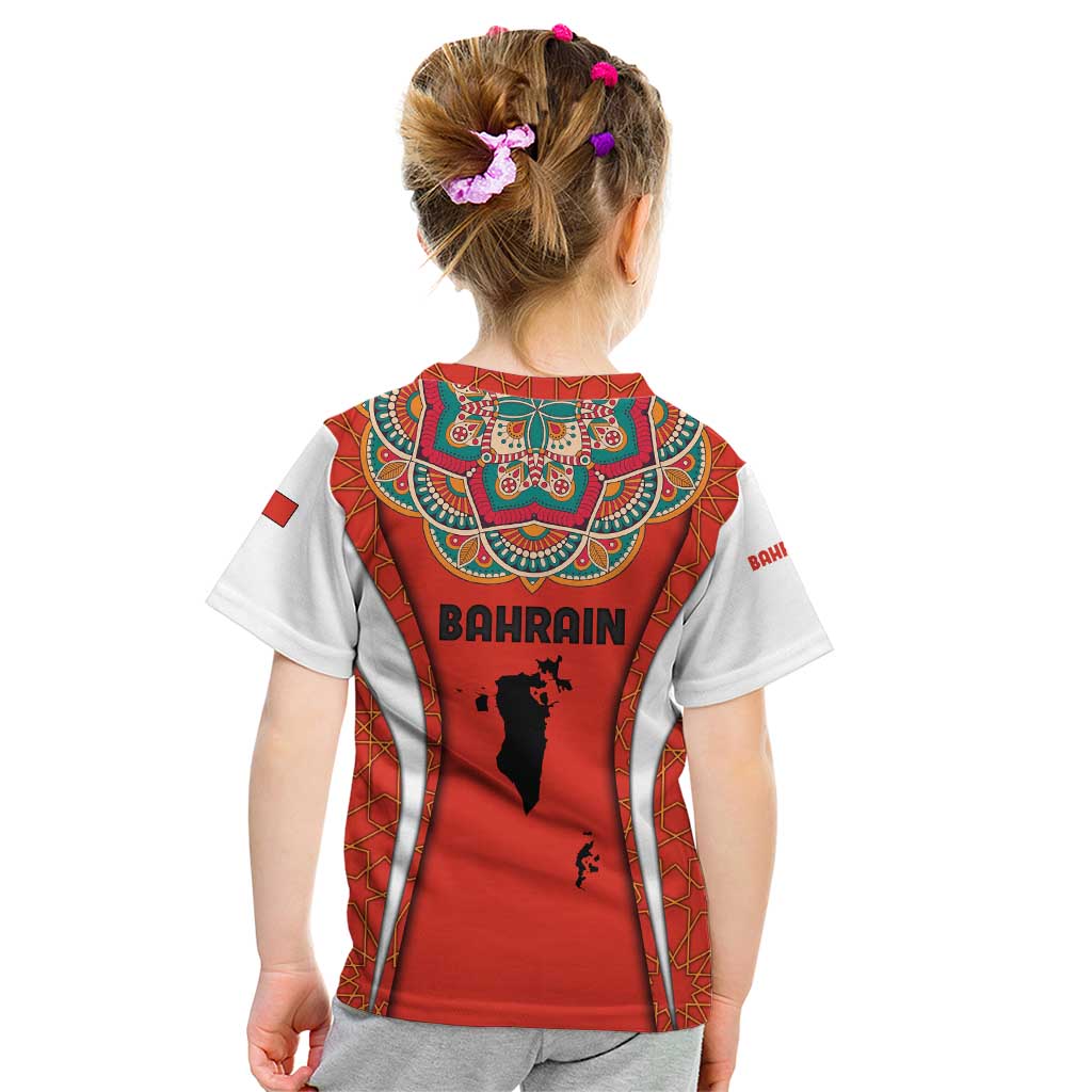 Bahrain Mandala Pattern Kid T Shirt with National Map and Arabic Geometric Design