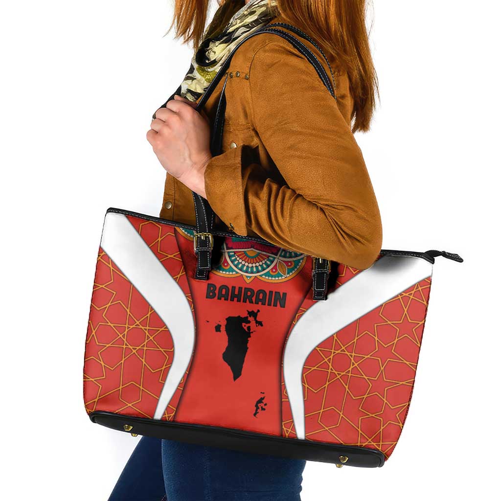 Bahrain Mandala Pattern Leather Tote Bag with National Map and Arabic Geometric Design