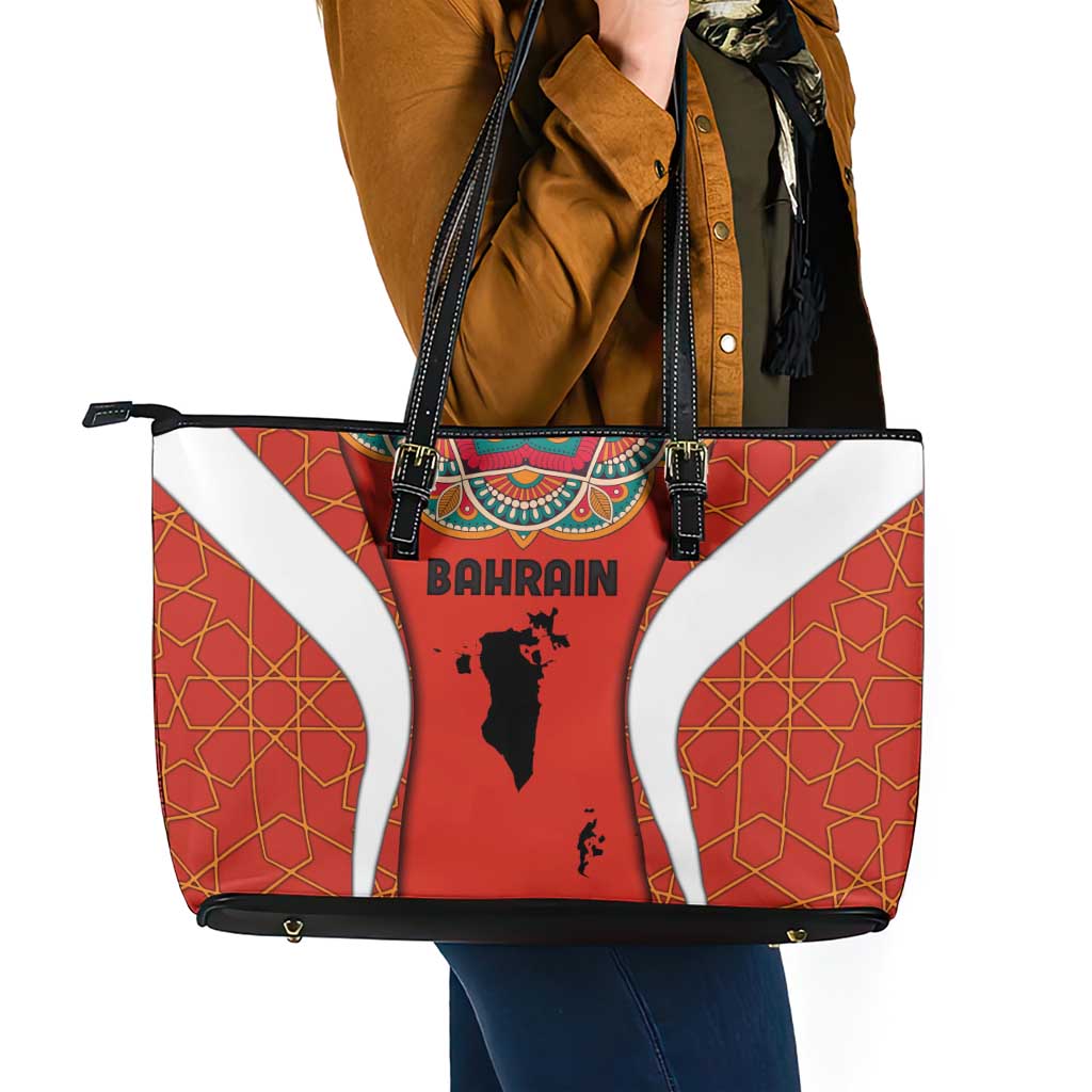 Bahrain Mandala Pattern Leather Tote Bag with National Map and Arabic Geometric Design