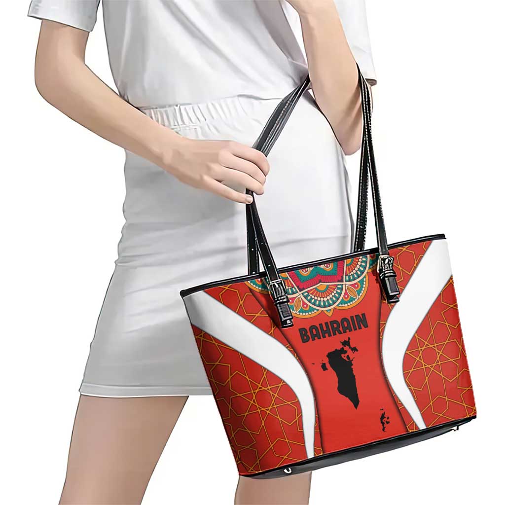 Bahrain Mandala Pattern Leather Tote Bag with National Map and Arabic Geometric Design