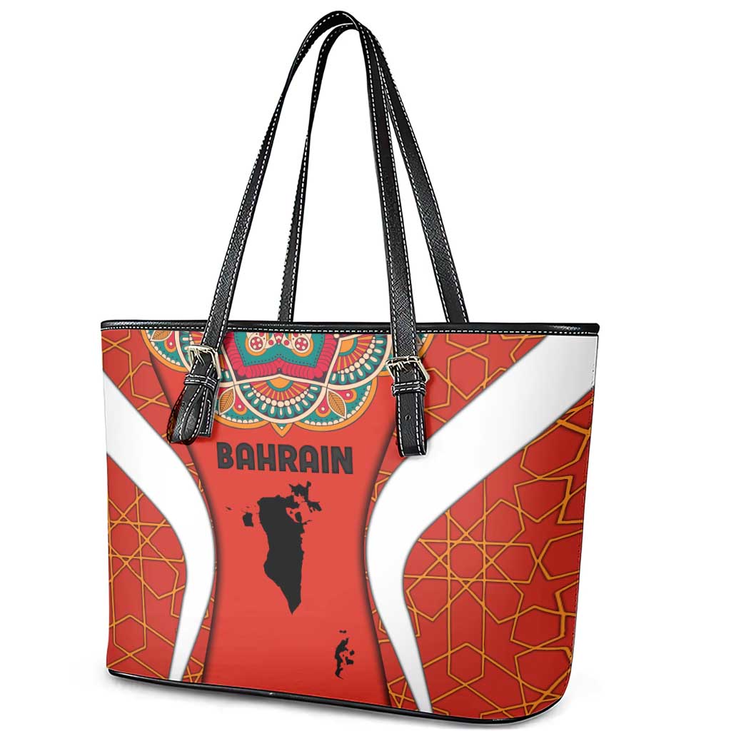 Bahrain Mandala Pattern Leather Tote Bag with National Map and Arabic Geometric Design
