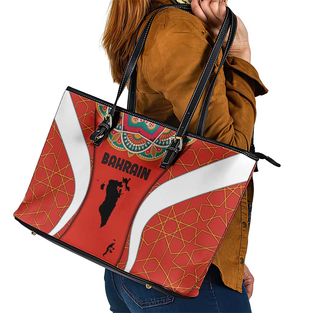 Bahrain Mandala Pattern Leather Tote Bag with National Map and Arabic Geometric Design