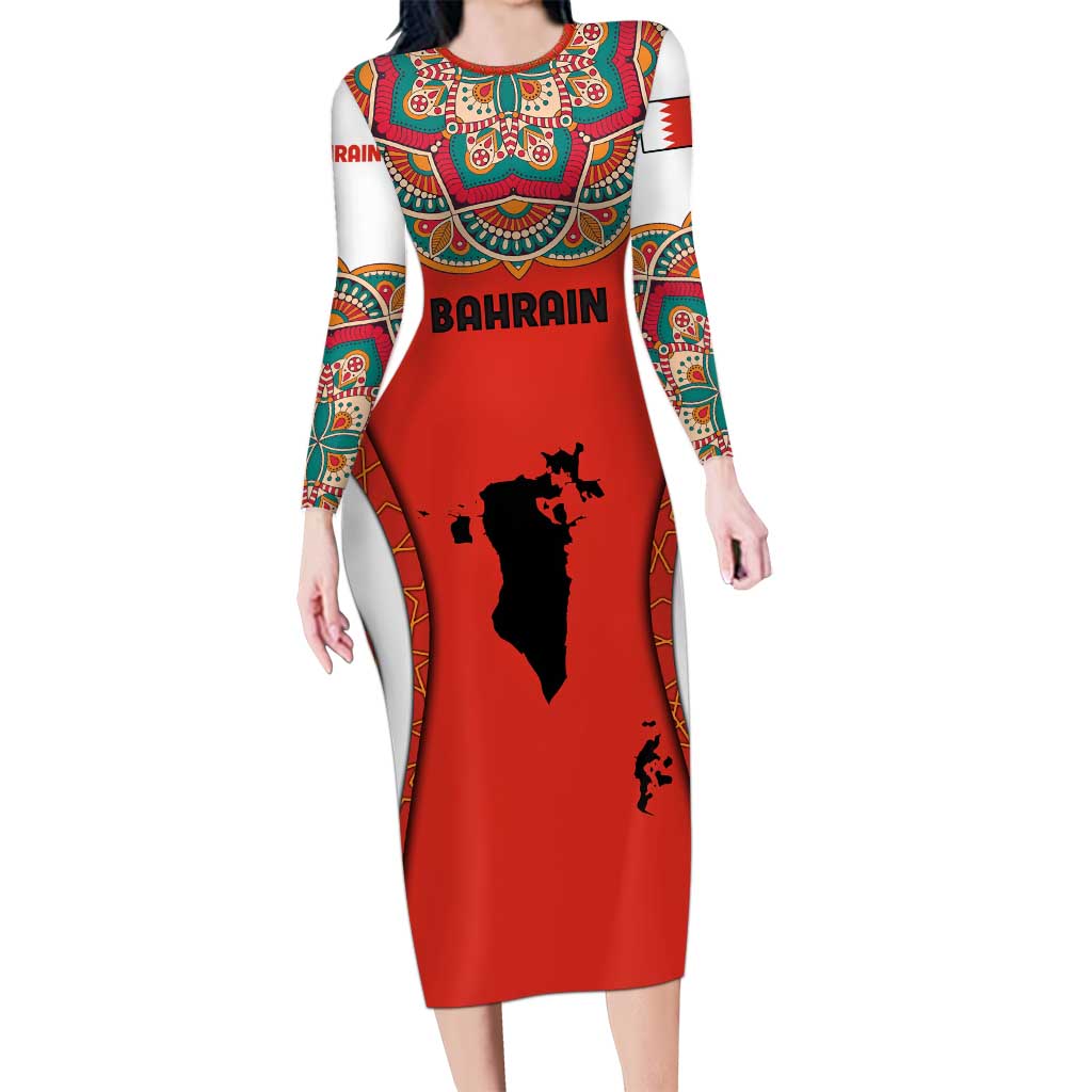 Bahrain Mandala Pattern Long Sleeve Bodycon Dress with National Map and Arabic Geometric Design