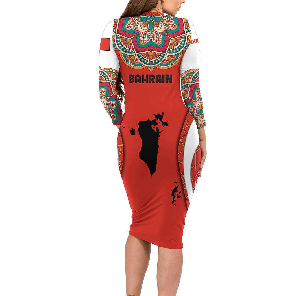 Bahrain Mandala Pattern Long Sleeve Bodycon Dress with National Map and Arabic Geometric Design