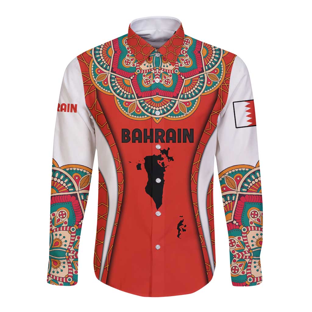 Bahrain Mandala Pattern Long Sleeve Button Shirt with National Map and Arabic Geometric Design