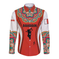 Bahrain Mandala Pattern Long Sleeve Button Shirt with National Map and Arabic Geometric Design
