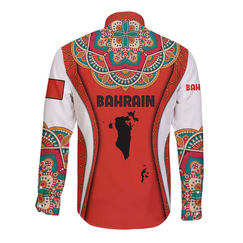 Bahrain Mandala Pattern Long Sleeve Button Shirt with National Map and Arabic Geometric Design