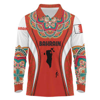 Bahrain Mandala Pattern Long Sleeve Polo Shirt with National Map and Arabic Geometric Design