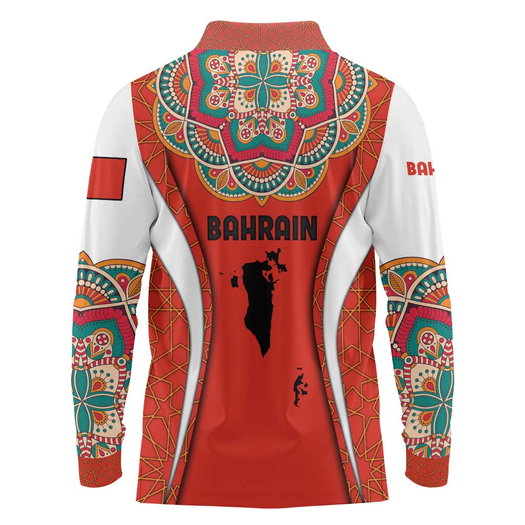 Bahrain Mandala Pattern Long Sleeve Polo Shirt with National Map and Arabic Geometric Design
