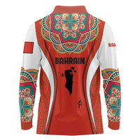 Bahrain Mandala Pattern Long Sleeve Polo Shirt with National Map and Arabic Geometric Design