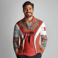 Bahrain Mandala Pattern Long Sleeve Polo Shirt with National Map and Arabic Geometric Design