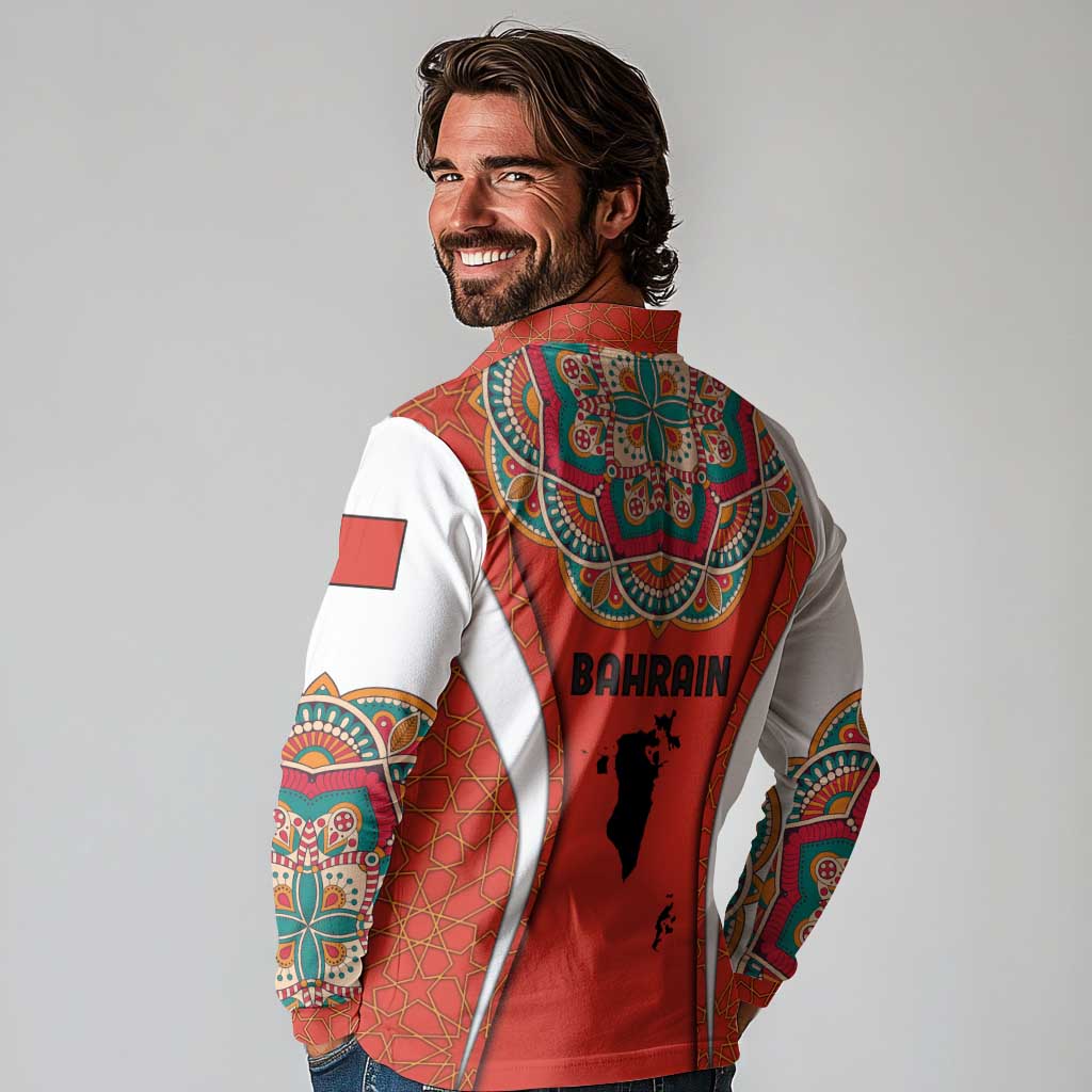 Bahrain Mandala Pattern Long Sleeve Polo Shirt with National Map and Arabic Geometric Design