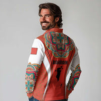 Bahrain Mandala Pattern Long Sleeve Polo Shirt with National Map and Arabic Geometric Design