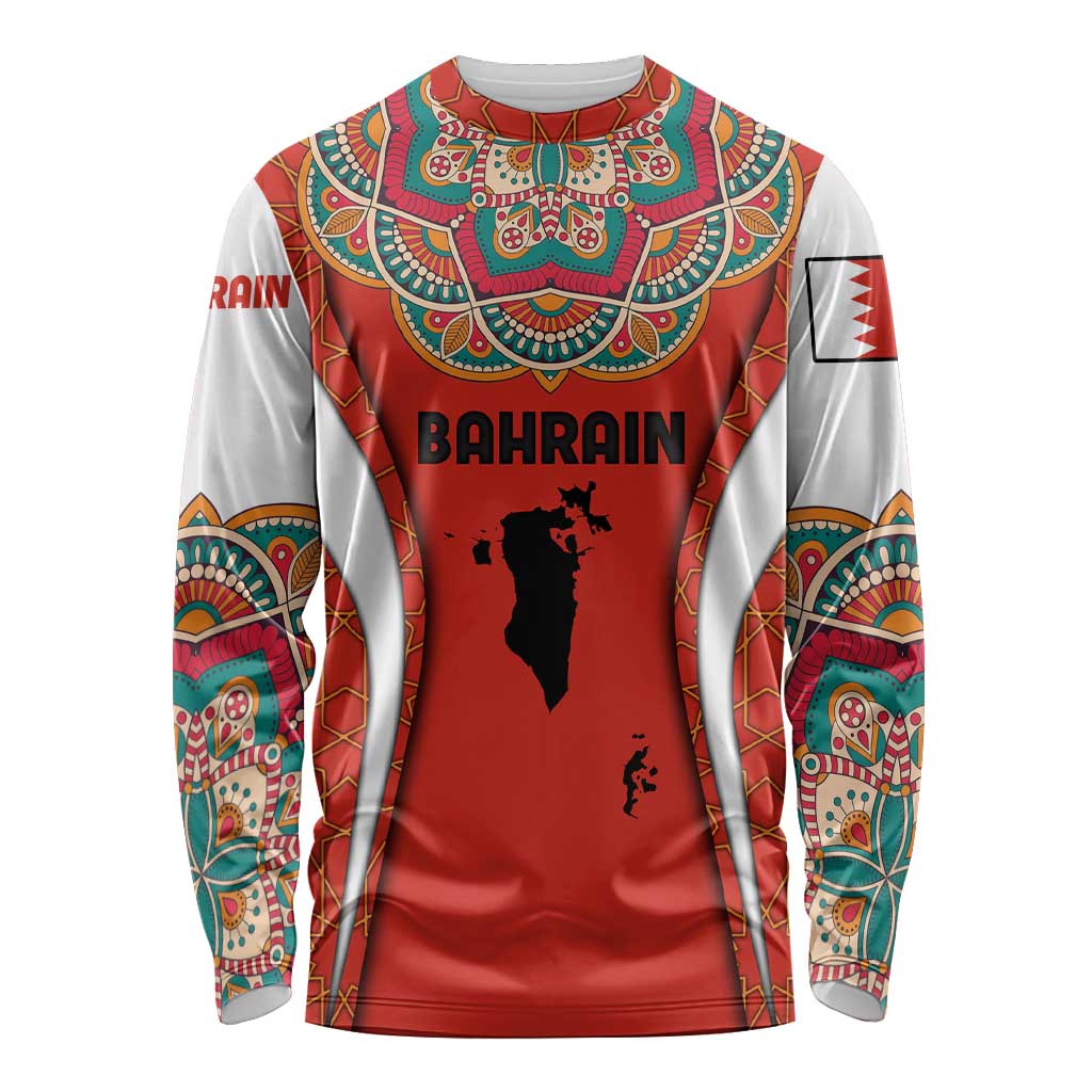 Bahrain Mandala Pattern Long Sleeve Shirt with National Map and Arabic Geometric Design
