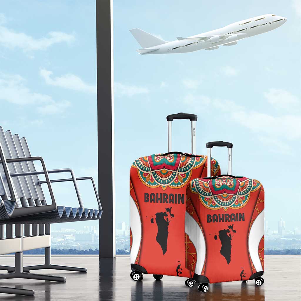 Bahrain Mandala Pattern Luggage Cover with National Map and Arabic Geometric Design