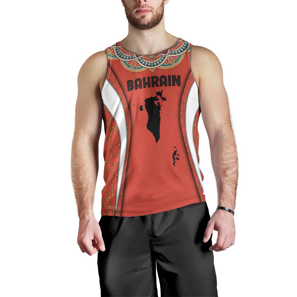 Bahrain Mandala Pattern Men Tank Top with National Map and Arabic Geometric Design