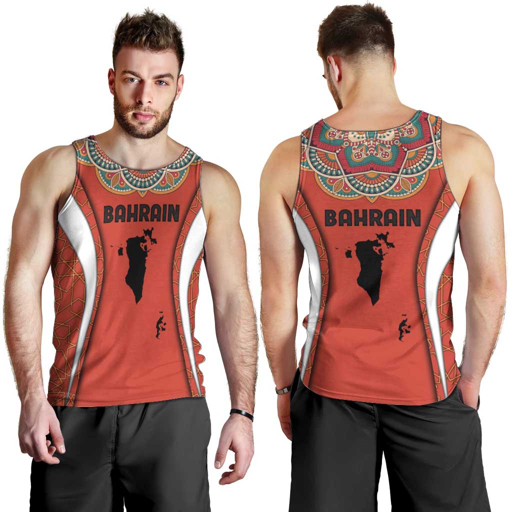 Bahrain Mandala Pattern Men Tank Top with National Map and Arabic Geometric Design