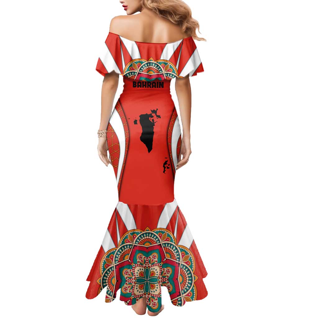 Bahrain Mandala Pattern Mermaid Dress with National Map and Arabic Geometric Design