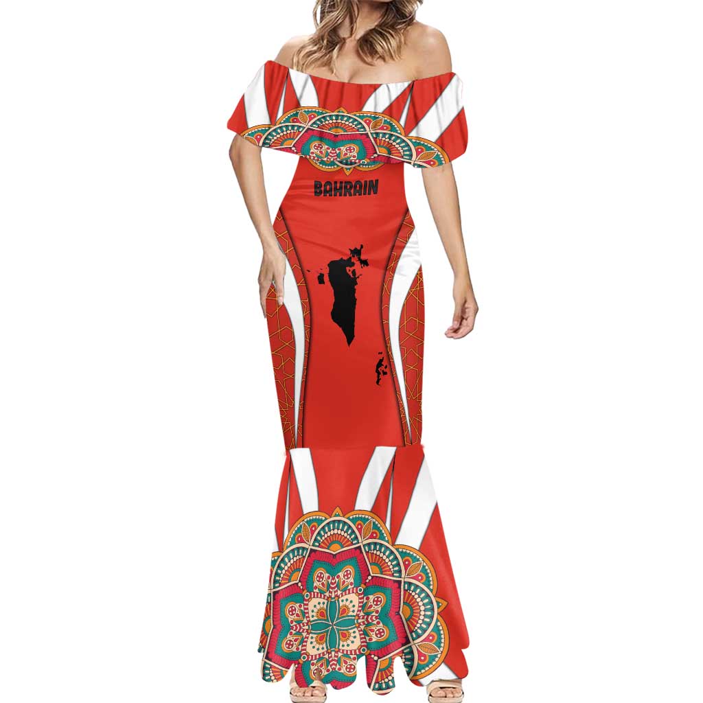 Bahrain Mandala Pattern Mermaid Dress with National Map and Arabic Geometric Design