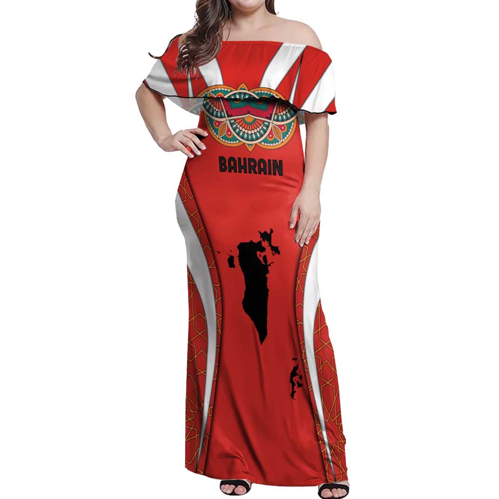 Bahrain Mandala Pattern Off Shoulder Maxi Dress with National Map and Arabic Geometric Design