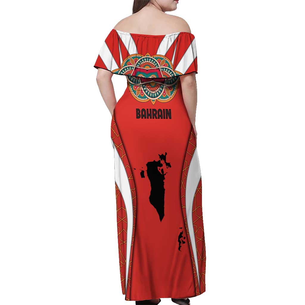 Bahrain Mandala Pattern Off Shoulder Maxi Dress with National Map and Arabic Geometric Design