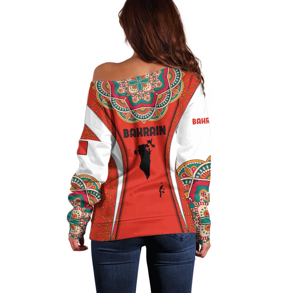 Bahrain Mandala Pattern Off Shoulder Sweater with National Map and Arabic Geometric Design