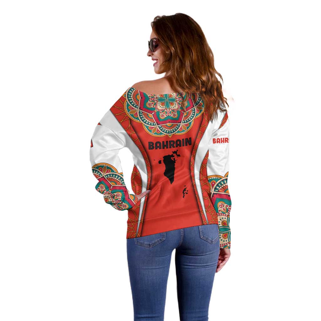 Bahrain Mandala Pattern Off Shoulder Sweater with National Map and Arabic Geometric Design
