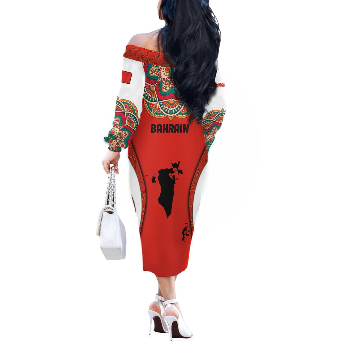 Bahrain Mandala Pattern Off The Shoulder Long Sleeve Dress with National Map and Arabic Geometric Design