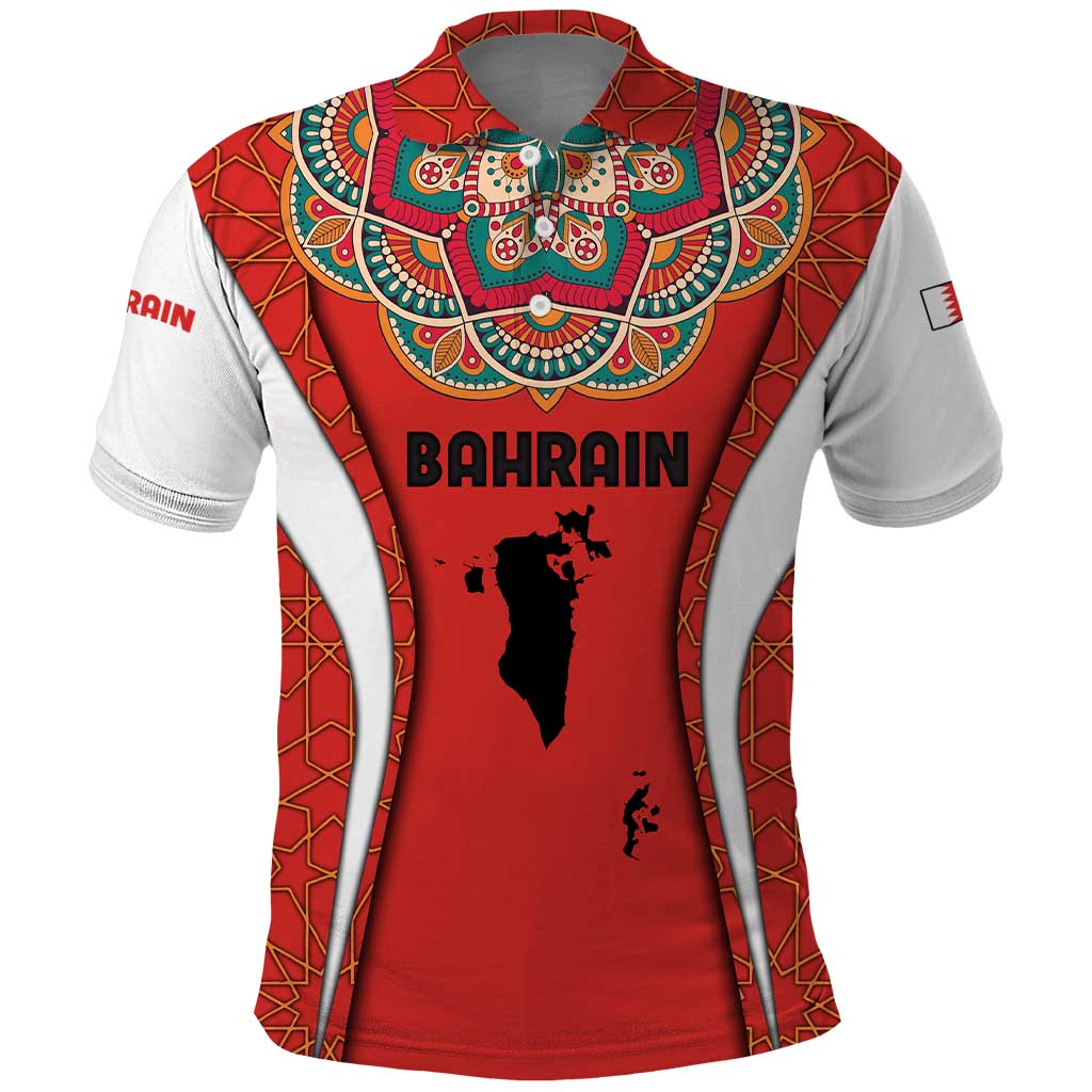 Bahrain Mandala Pattern Polo Shirt with National Map and Arabic Geometric Design