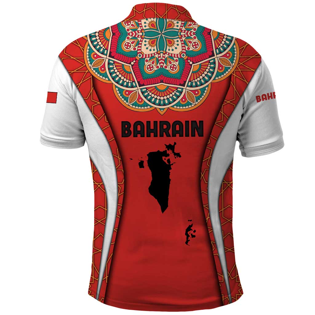 Bahrain Mandala Pattern Polo Shirt with National Map and Arabic Geometric Design