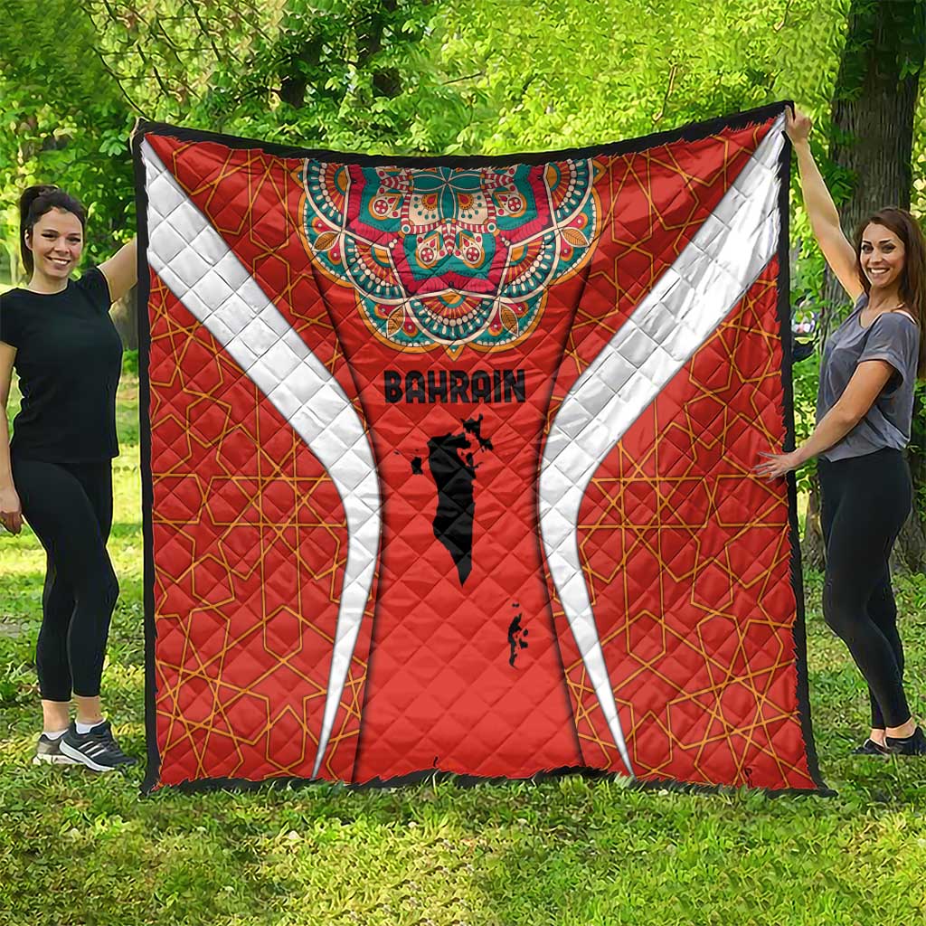 Bahrain Mandala Pattern Quilt with National Map and Arabic Geometric Design