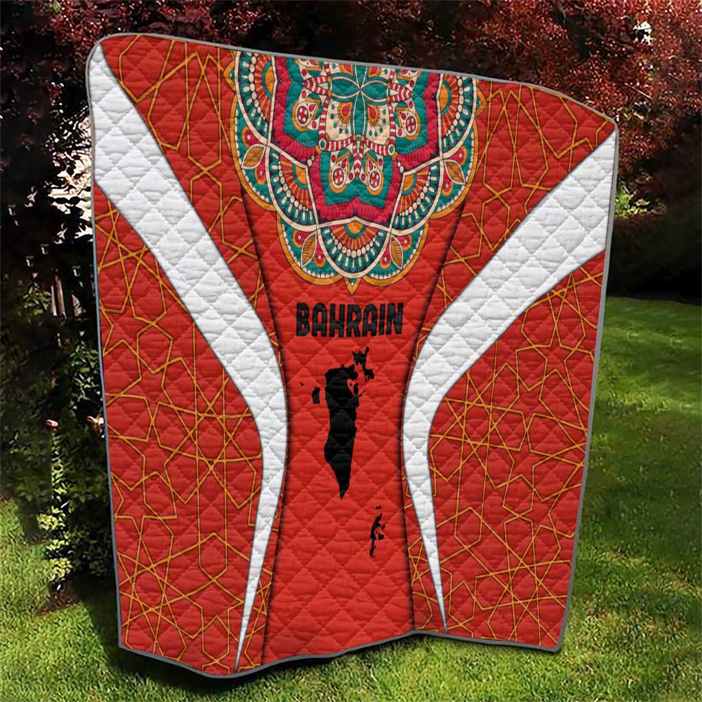 Bahrain Mandala Pattern Quilt with National Map and Arabic Geometric Design