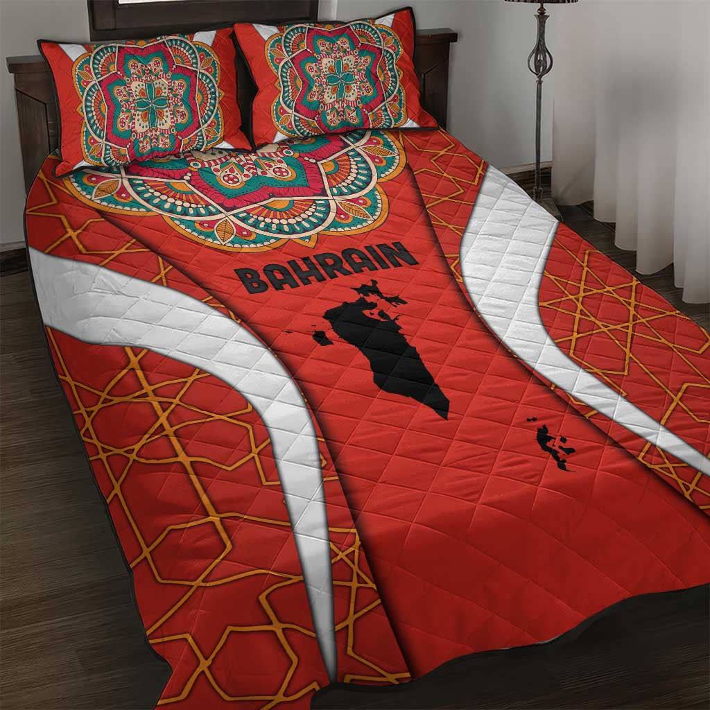 Bahrain Mandala Pattern Quilt Bed Set with National Map and Arabic Geometric Design