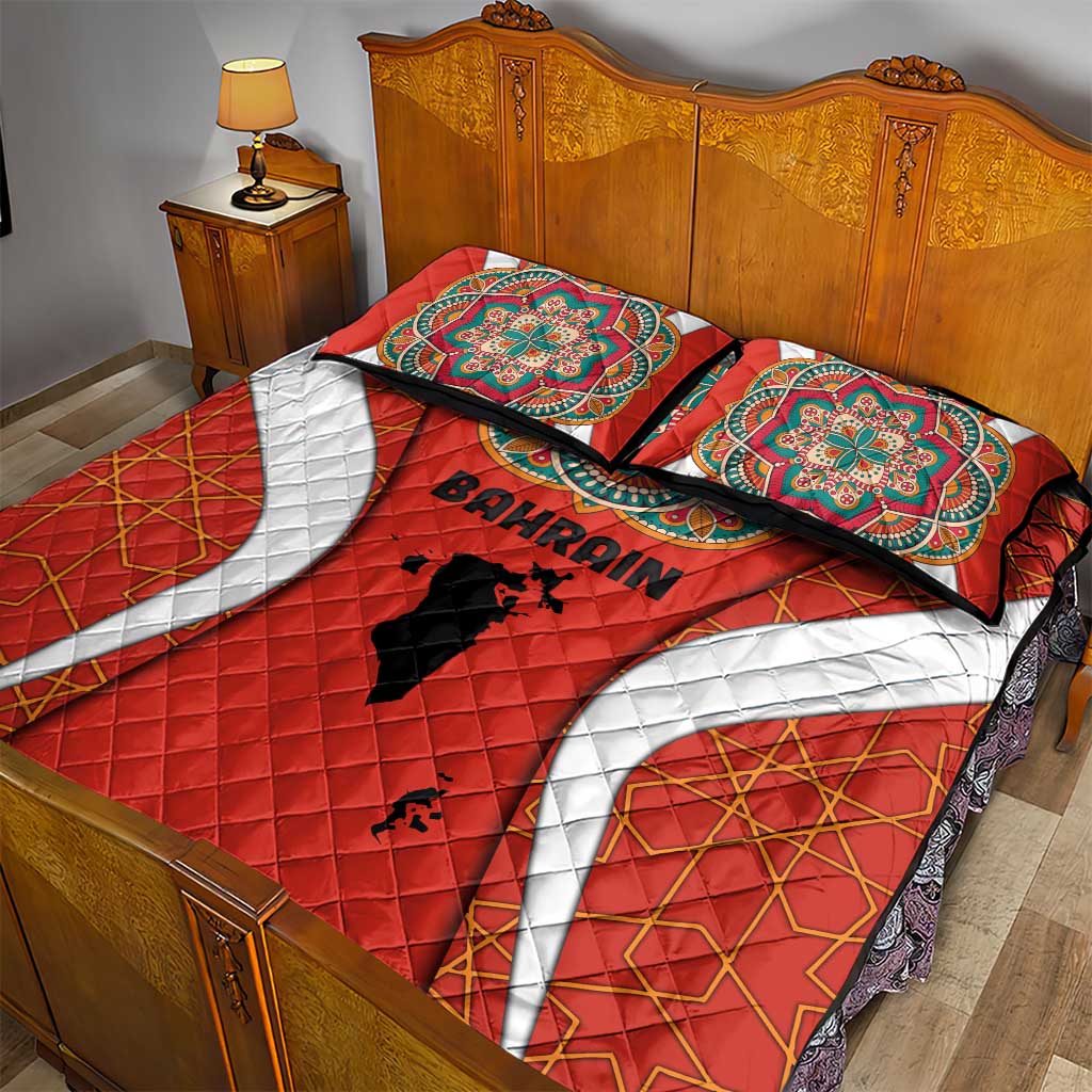Bahrain Mandala Pattern Quilt Bed Set with National Map and Arabic Geometric Design