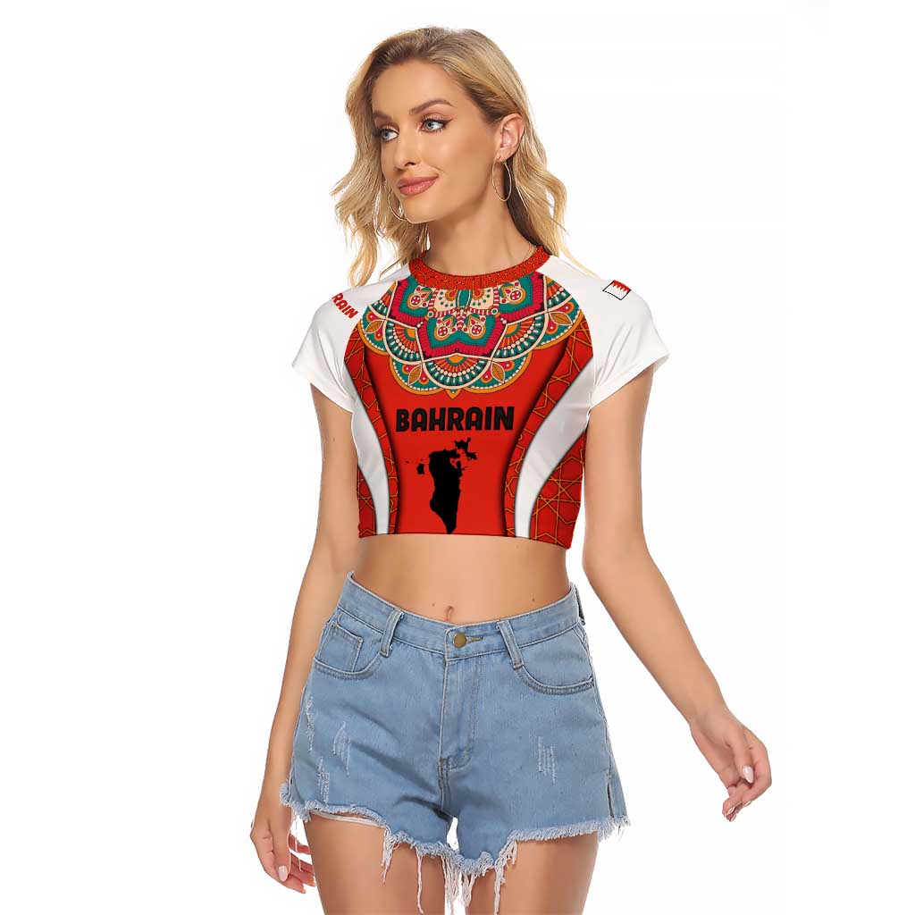 Bahrain Mandala Pattern Raglan Cropped T Shirt with National Map and Arabic Geometric Design