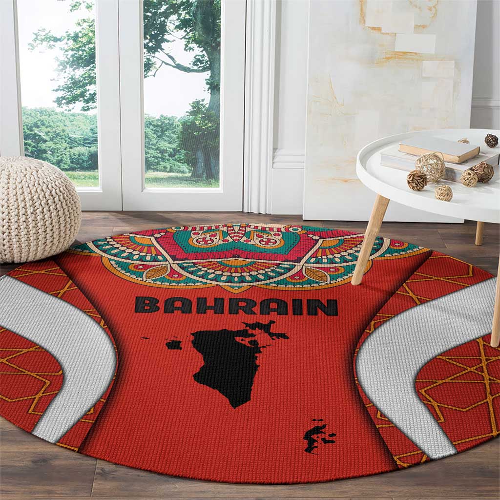 Bahrain Mandala Pattern Round Carpet with National Map and Arabic Geometric Design