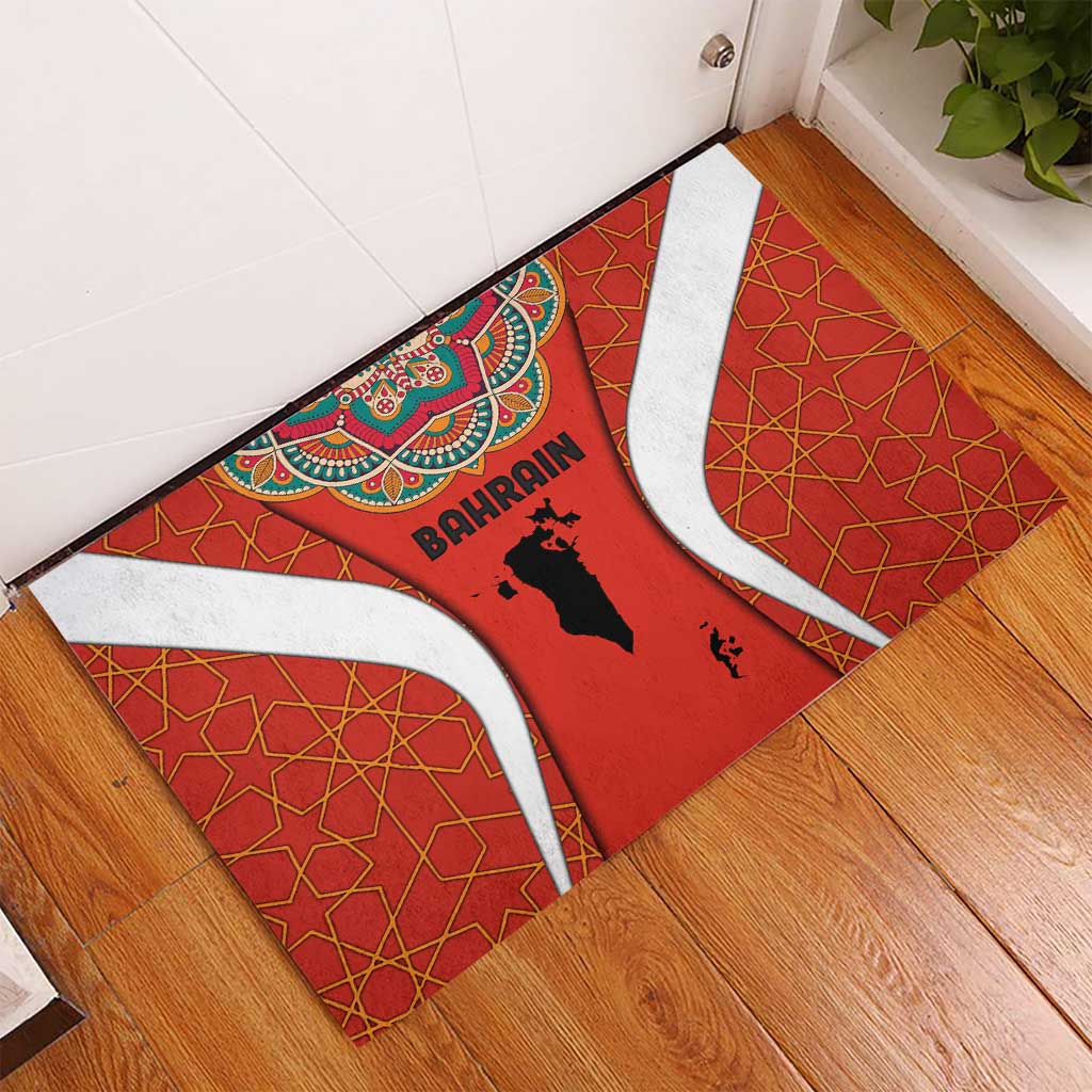 Bahrain Mandala Pattern Rubber Doormat with National Map and Arabic Geometric Design