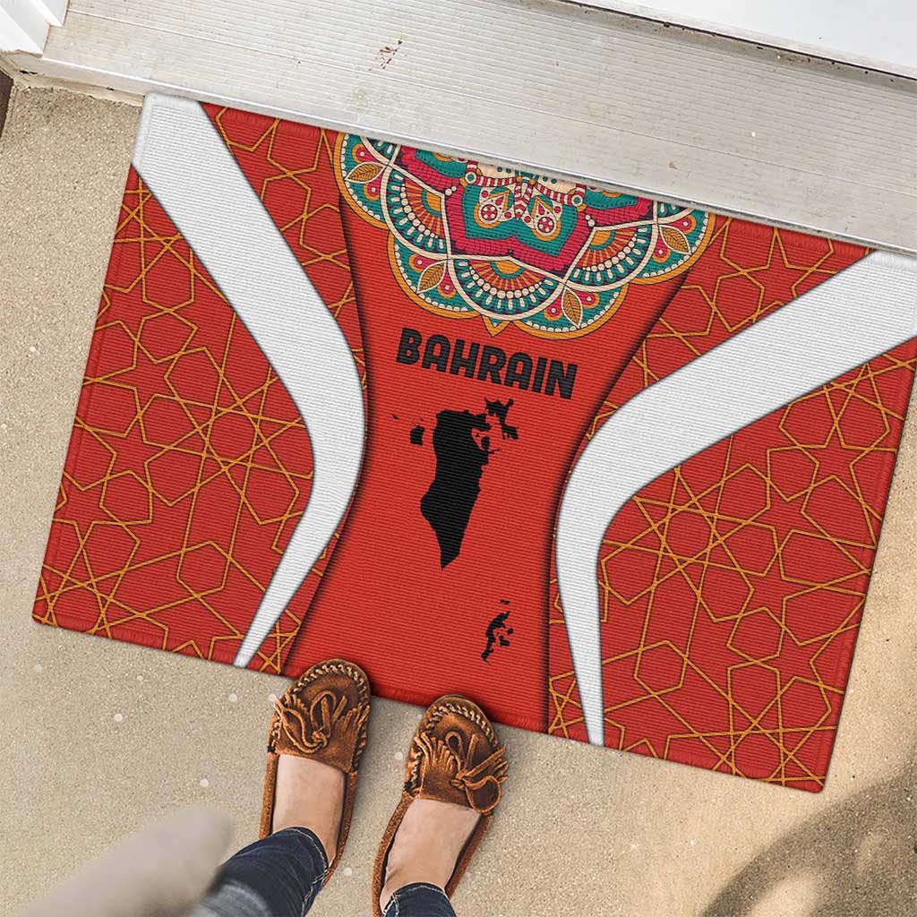 Bahrain Mandala Pattern Rubber Doormat with National Map and Arabic Geometric Design