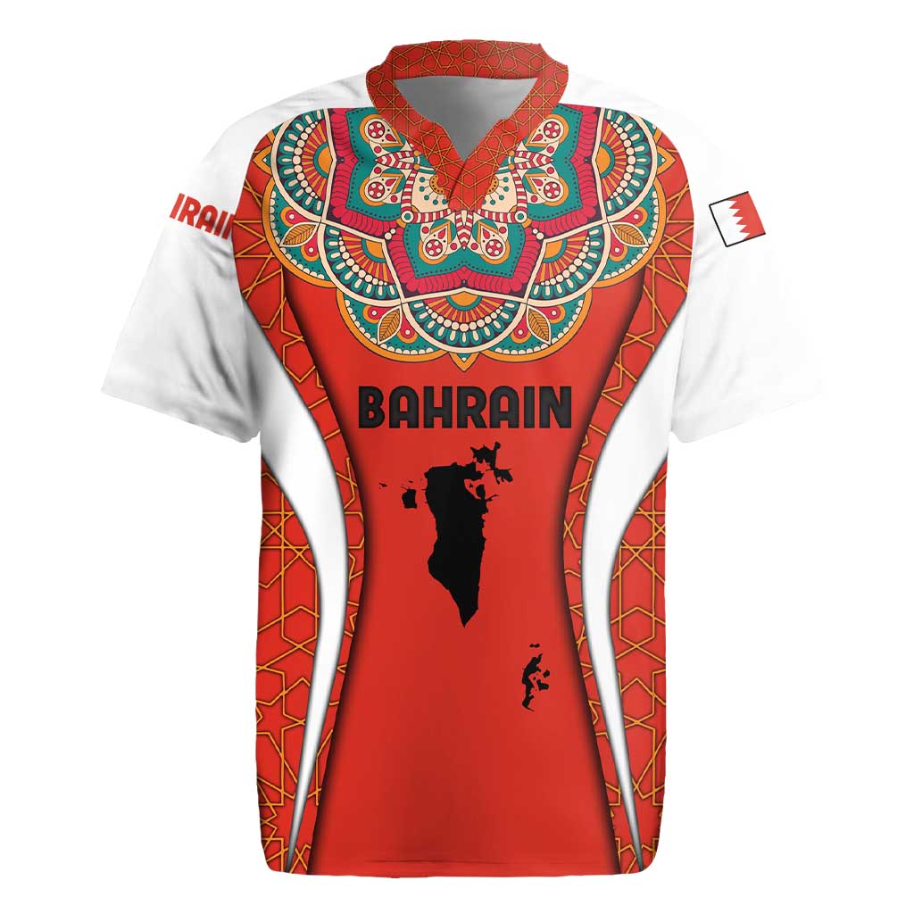 Bahrain Mandala Pattern Rugby Jersey with National Map and Arabic Geometric Design