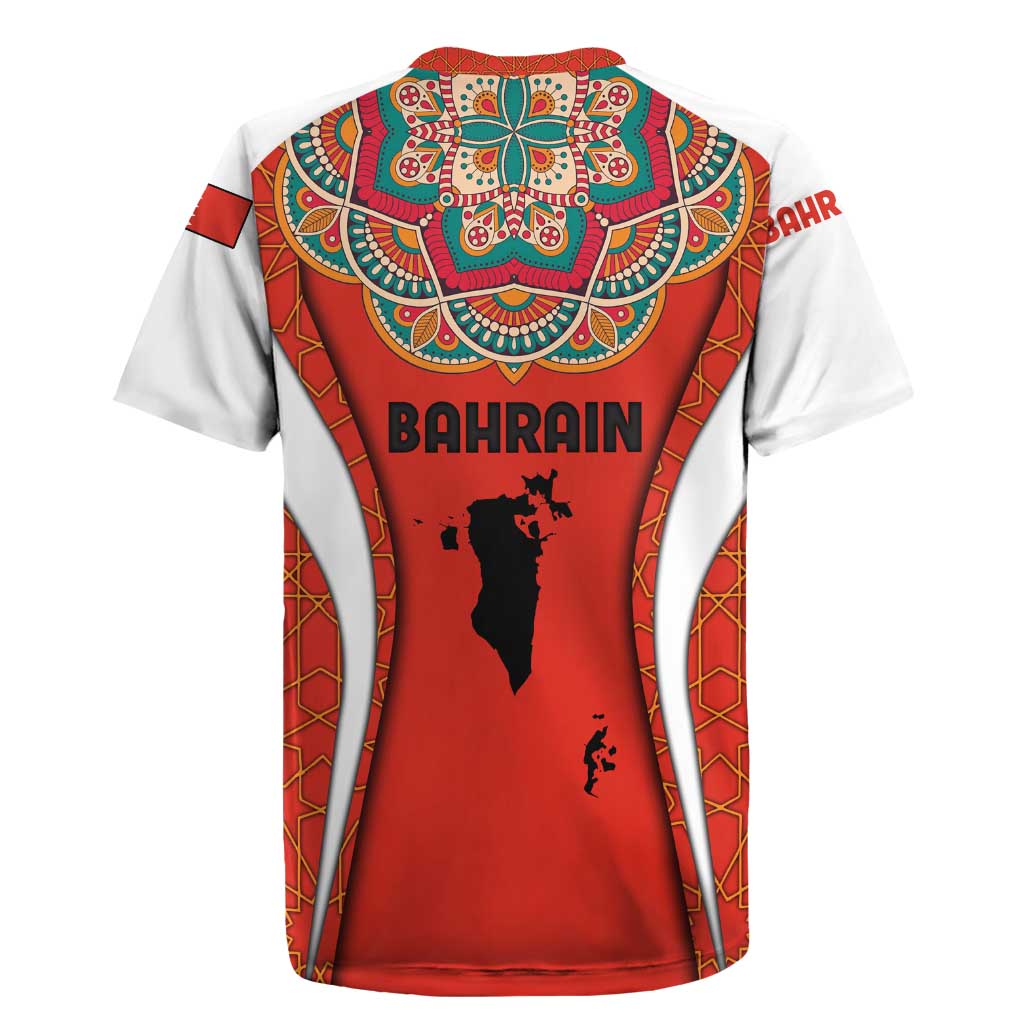Bahrain Mandala Pattern Rugby Jersey with National Map and Arabic Geometric Design