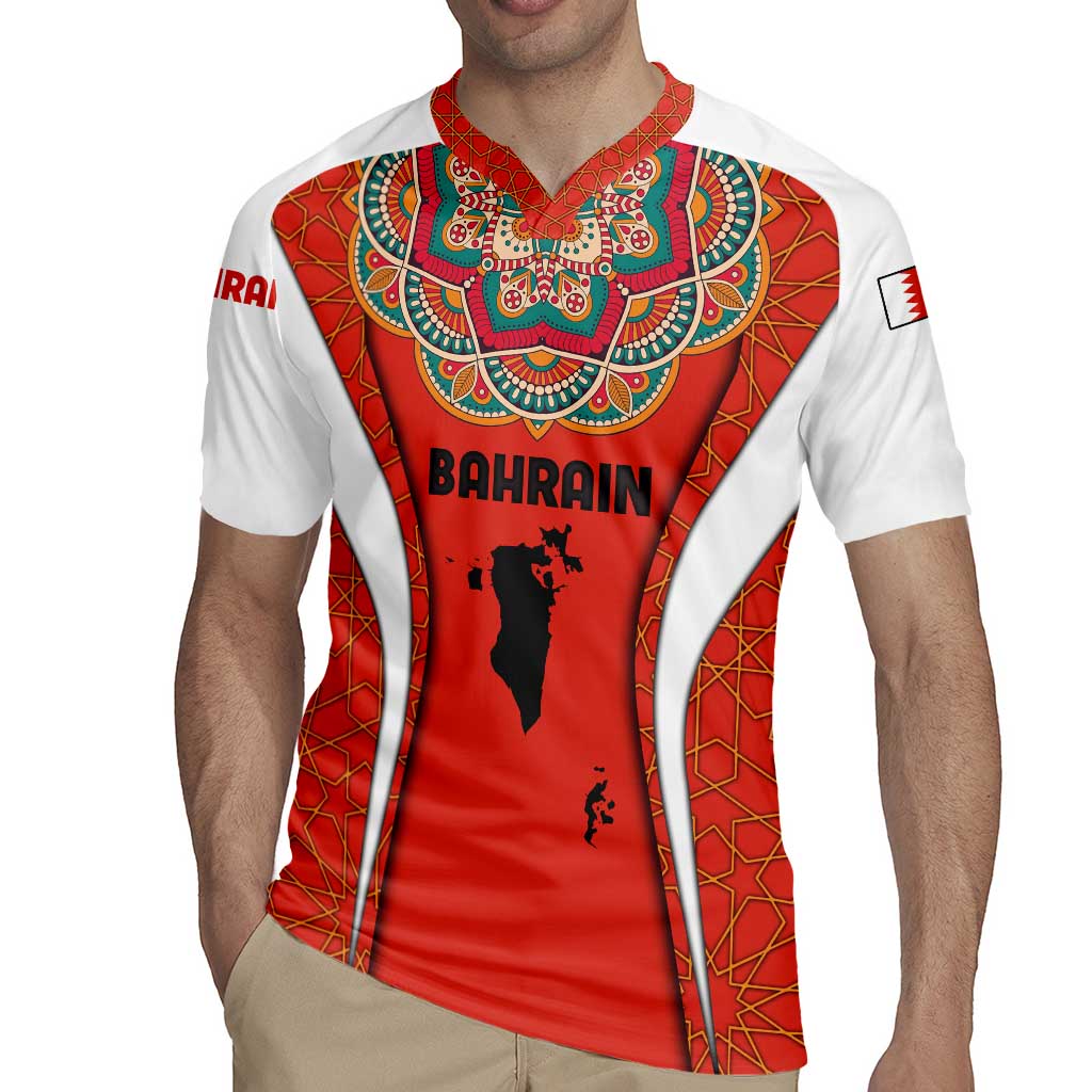 Bahrain Mandala Pattern Rugby Jersey with National Map and Arabic Geometric Design