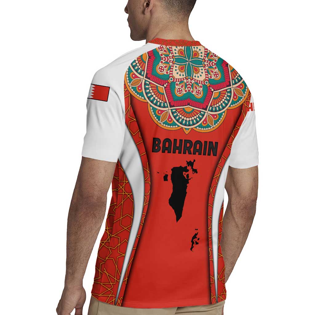 Bahrain Mandala Pattern Rugby Jersey with National Map and Arabic Geometric Design