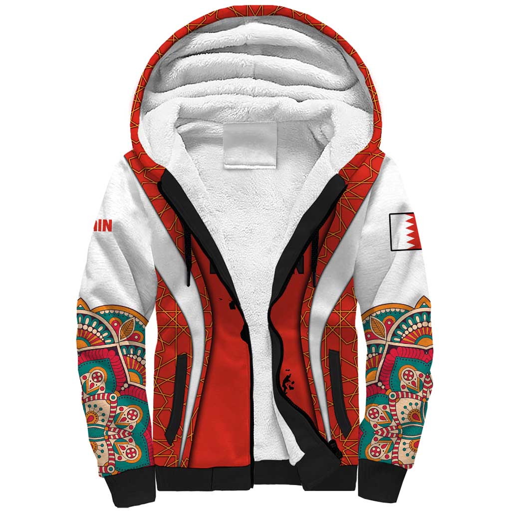 Bahrain Mandala Pattern Sherpa Hoodie with National Map and Arabic Geometric Design