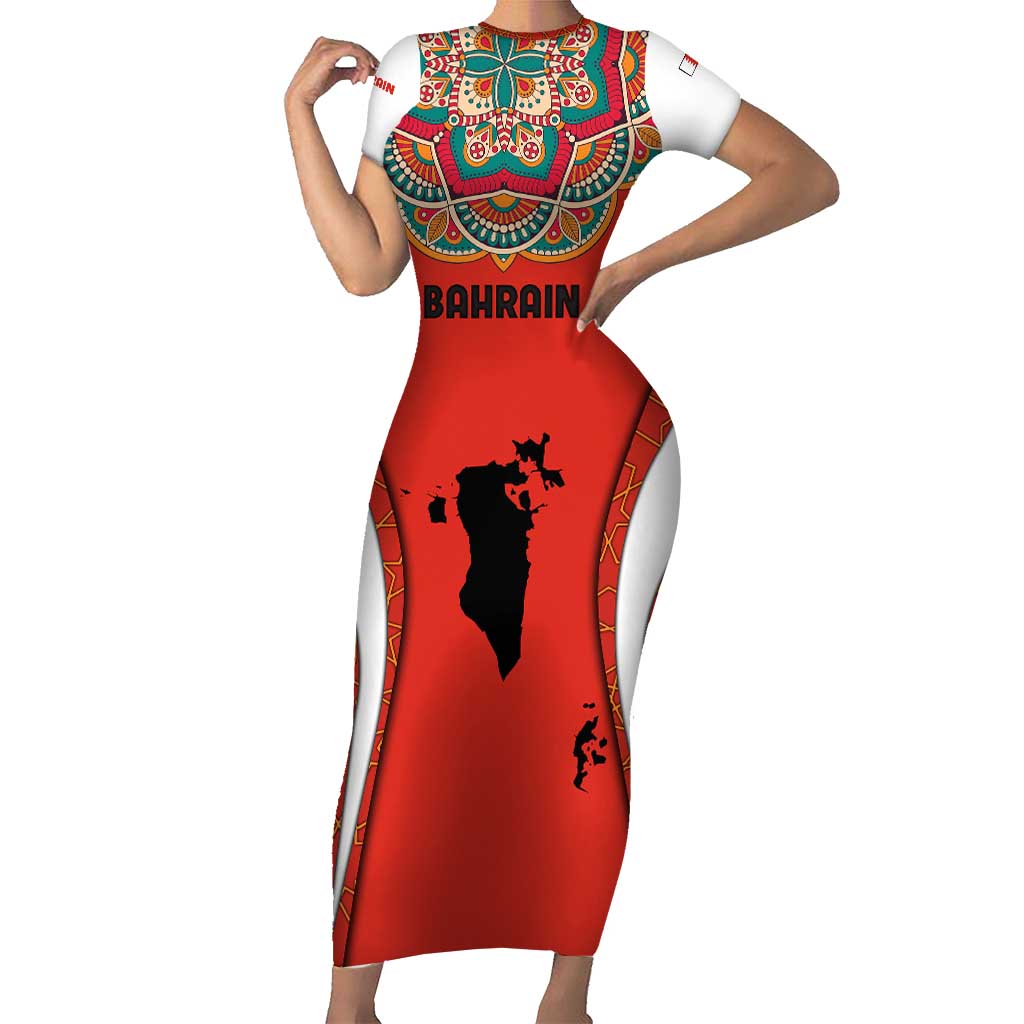Bahrain Mandala Pattern Short Sleeve Bodycon Dress with National Map and Arabic Geometric Design